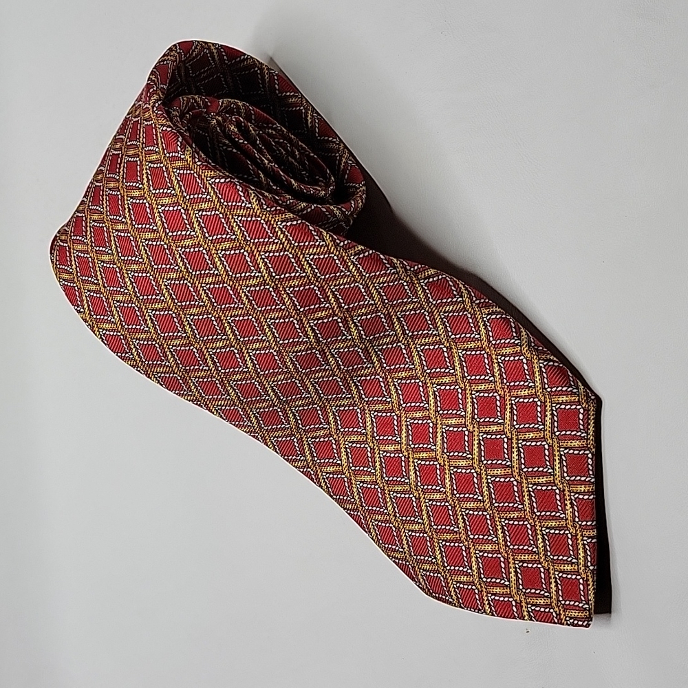SULKA Dark Red Yellow Print Silk Neck Tie